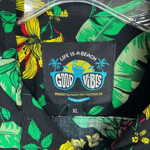 Good Vibes Men's XL Hawaiian Shirt Short Sleeve Button-Up Black Green Floral VTG - Picture 5 of 8